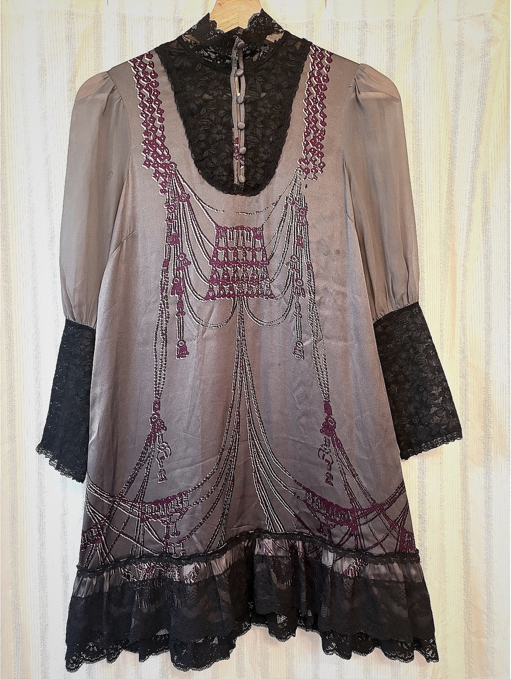 Vintage Style Whimsigoth Purple and Black Lace Detail Dress Embroidery by Bebe